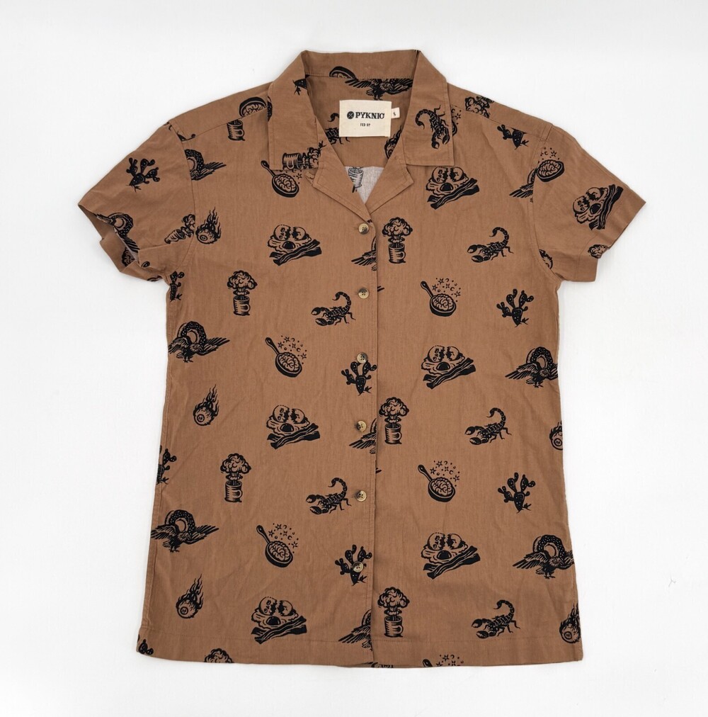 Pyknic Shirt Adult Small Brown Button Short Sleeve Collared Fed Up